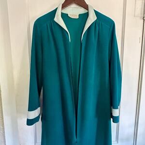 Vintage 70s Vanity Fair Velour Robe Teal & White Zip Front Lounge Dress Size 14